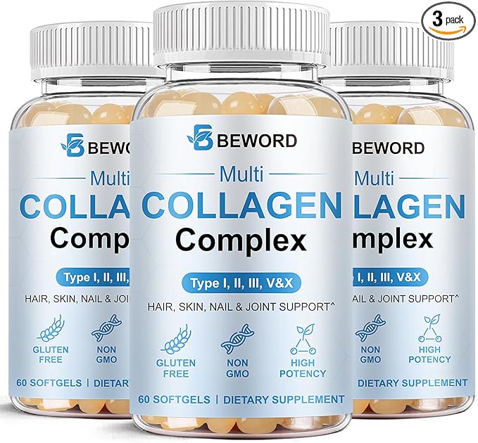 BEWORD Multi Collagen Softgels for Women & Men, 180 Capsules - Type I,II,III,V,X Hydrolyzed Collagen w/Vitamin C & Hyaluronic Acid - Supports Skin, Hair, Nails, Joints - Grass-Fed, Non-GMO, 3 Pack