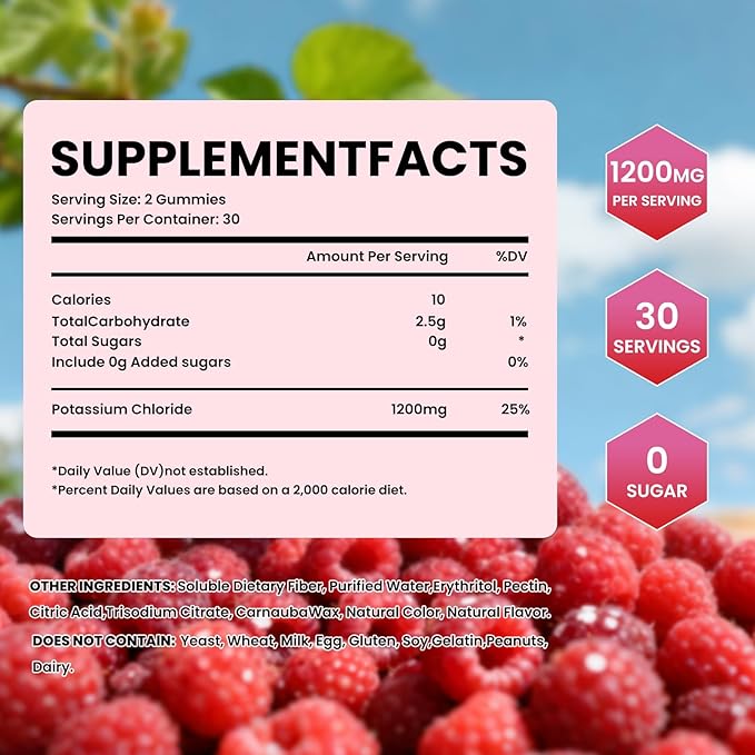 Potassium Gummies for Adults, Potassium Chloride 1200mg, Potassium Supplement for Women & Men, Supports Electrolyte Balance & Muscle Health, Sugar-Free, Raspberry Flavor, 60 Count