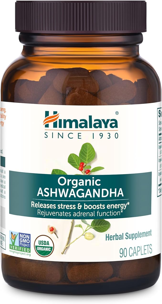 Himalaya Organic Ashwagandha Root, 90 Day Supply - Herbal Adrenal Support Supplements for Stress Relief and Energy Support - USDA Organic, Non-GMO, Vegan, Gluten Free, No Additives, 670 mg, 90 Caplets