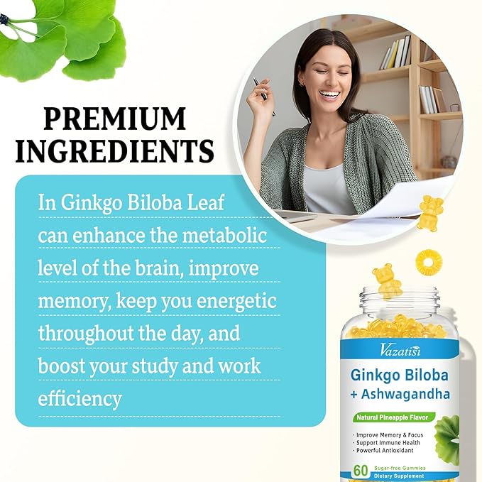 240MG Ginkgo Biloba Gummies | 60 Gummies | Improve Mood and Focus, Brain Health| Pineapple Flavor | Vegan, Non-GMO, Gluten Free Supplement