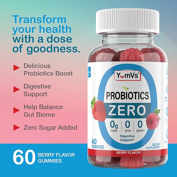 YUM-V'S Sugar Free Probiotic Gummies - Probiotics for Men & Women to Help Support Digestive Function – Adults & Kids Probiotic with 5 Billion CFU Bacillus Coagulans – Vegan & Gluten-Free (60 Count)
