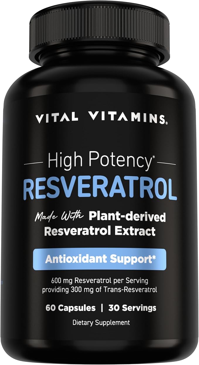 Vital Vitamins Resveratrol Supplement - Antioxidant Support, Cellular Longevity, Cognitive Function - 60 Capsules