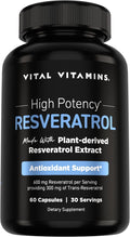 Vital Vitamins Resveratrol Supplement - Antioxidant Support, Cellular Longevity, Cognitive Function - 60 Capsules
