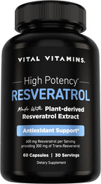 Vital Vitamins Resveratrol Supplement - Antioxidant Support, Cellular Longevity, Cognitive Function - 60 Capsules