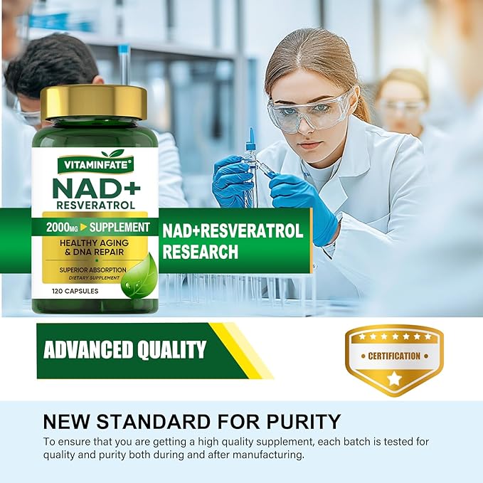 NAD+ Supplement 2000 mg - 120 Capsules True NAD+ & Resveratrol, NMN Alternative Supports Anti-Aging, Cellular Energy & Repair, Metabolism & Brain Boost for Men & Women