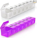 BUG HULL Weekly Pill Organizer Large 2 Packs, Extra Large Travel Pill Organizers, Pill Box 7 Day, Travel Pill Case, Medicine Pill Organizer for Vitamins, Supplements and Medication (White+Purple)