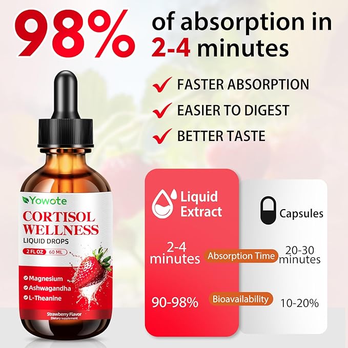Cortisol Support Supplements for Men and Women, Cortisol Detox Hormone Balance with Magnesium, Ashwagandha, L-theanine, Phosphatidylserine for Lower Cortisol, Calm, Mood Support (60ML, strawberry)