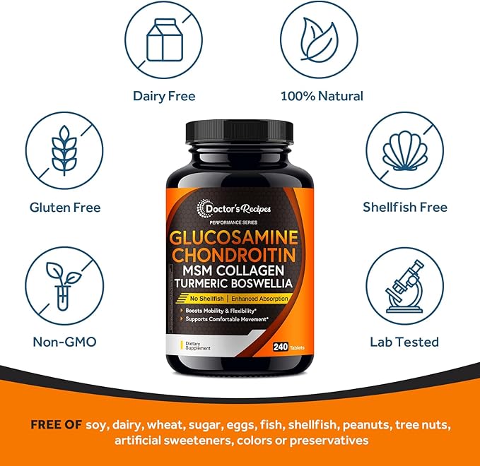 Doctor's Recipes Glucosamine Chondroitin MSM Turmeric Quercetin, Movement Support Supplement for Men & Women, with Black Pepper for High Absorption, Mobility & Flexibility, No Shellfish, 240 Tablets