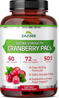 Zazzee Cranberry PACs 72 mg per Capsule, 50:1 Extract, 60 Vegan Capsules, 2X Strength, 2 Month Supply, Fast-Acting, Effective Urinary Tract & Bladder Support, 100% Soluble PACs, Made in the USA