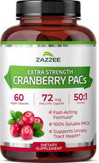 Zazzee Cranberry PACs 72 mg per Capsule, 50:1 Extract, 60 Vegan Capsules, 2X Strength, 2 Month Supply, Fast-Acting, Effective Urinary Tract & Bladder Support, 100% Soluble PACs, Made in the USA