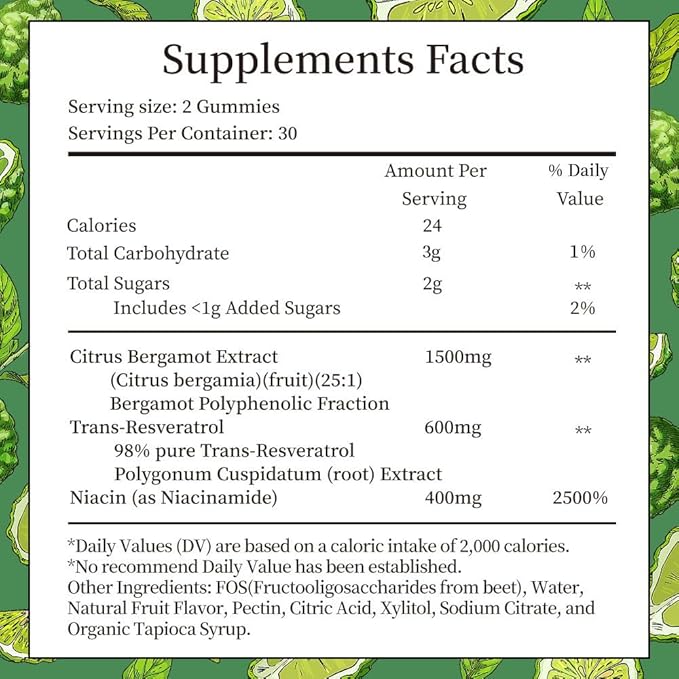 Citrus Bergamot 1500mg, Citrus Bergamot Gummies for Healthy Cholesterol, Bergamot Supplements 25:1 Extract from Italy Bergamot, Resveratrol & Niacin - Natural Vegan 60 Gummies