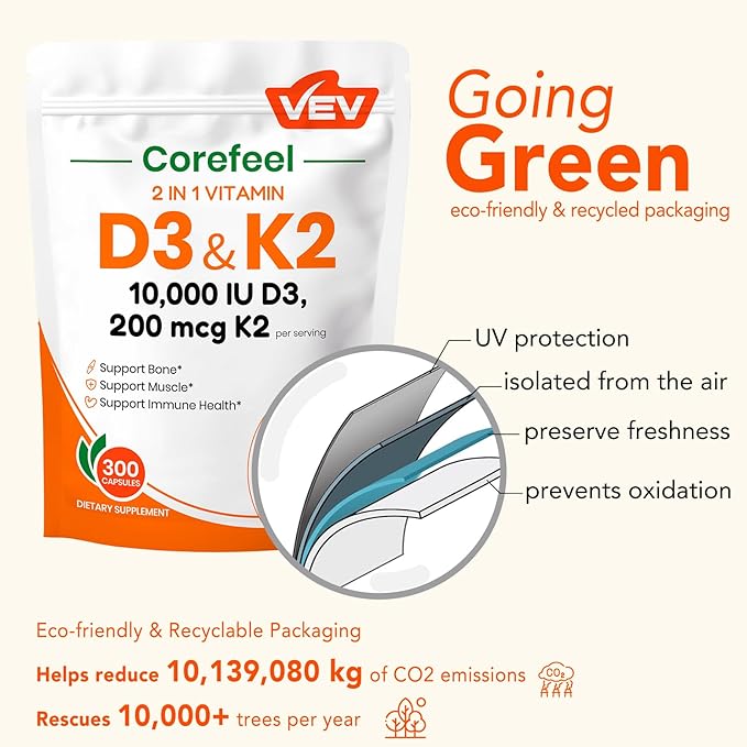 VEV Corefeel Vitamin D3 K2, 10,000 IU D3, 200mcg K2 (with MK7), Supports Bone and Teeth Health, Dual Nutrient Support for Daily Wellness, Easy to Swallow – 300 Capsules