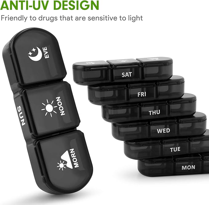Pill Organizer 3 Times a Day, Fullicon Large Weekly Pill Case 7 Day, Daily Pill Box with 21 Compartments, Pill Dispenser Supplement Holder for Pills/Vitamin/Fish Oil - Black