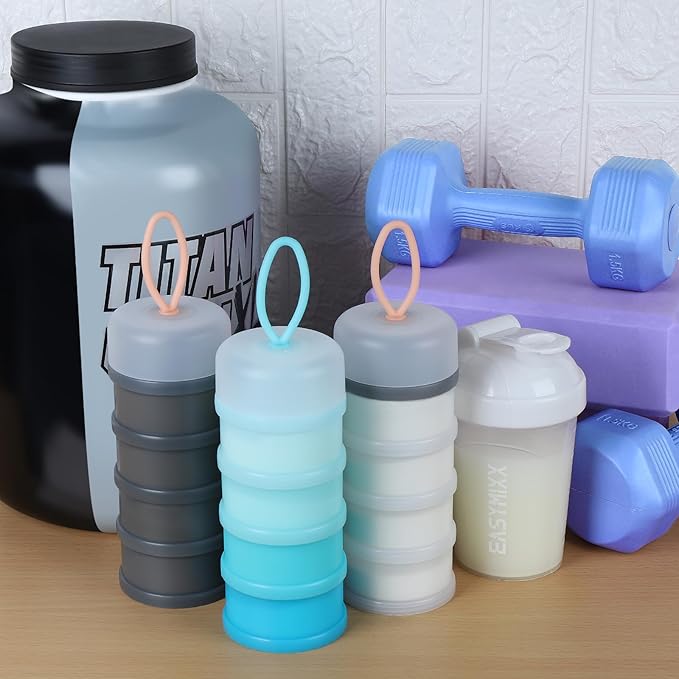 Accmor 3 Pcs Protein Powder Container to Go with Funnels Stand, 4 Compartments Stackable Protein Powder Dispenser for Workout, Fitness, Travel