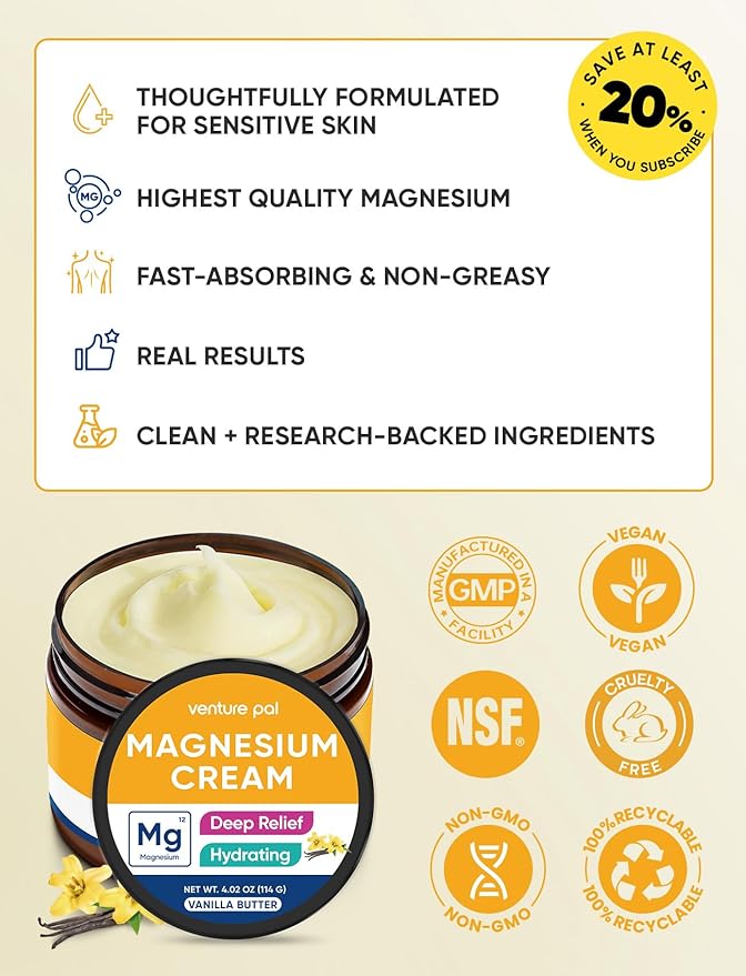 Venture Pal Topical Magnesium Cream, Fast-Absorbing Magnesium Moisturizing Lotion with Coconut Oil, Shea Butter & Hyaluronic Acid, Suitable for Kids
