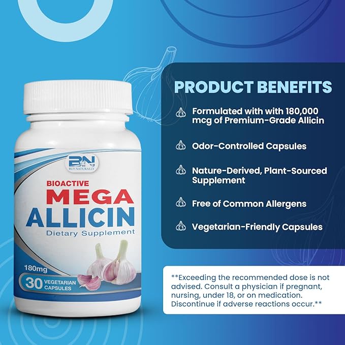 Allicin Supplement 100% Stabilized from Garlic, Odor-Controlled Extract, 180,000mcg (180mg) Non-GMO, Gluten-Free, Vegan, Supplement for Heart Health and Immune Support (30 Count)