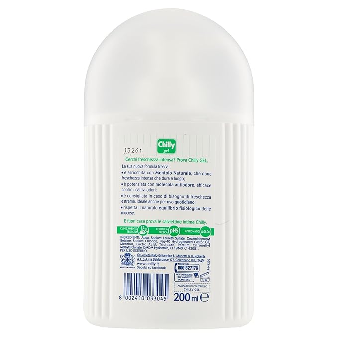 Chilly:"Formula Fresca" ("Fresh Formula") Gel Intimate Cleanser 6.76 Fluid Ounce (200ml) Package [ Italian Import ]