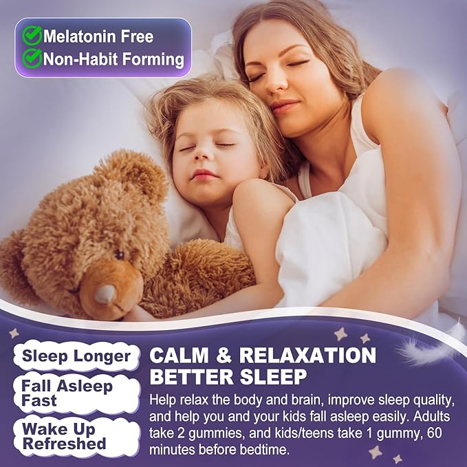 Magnesium Glycinate Gummies 500mg/250mg for Adults Kids Teens, Sugar Free Magnesium Calm Sleep Aid, Kids Sleep Gummies with L-Theanine Glycine B6 for Sleep, Calm, Muscle,Relax Brain,No Melatonin,2Pack