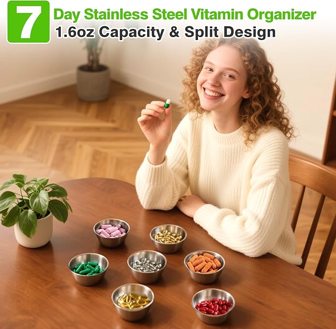 Palksky Travel Vitamin Organizer Stainless Steel, Supplement Travel Organizer for 7 Different Vitamins, Wide Opening & Sealed Lids, Weekly Vitamin Organizer for Fish Oils, Pills, Supplements (1.6Oz)