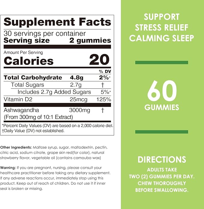 Nature's Key Ashwagandha Gummies, High Potency Ashwagandha Root Extract with Vitamin D2, for Men & Women, Stress, Calm Mood & Cognition, Strawberry Flavor (120 Count (Pack of 1)