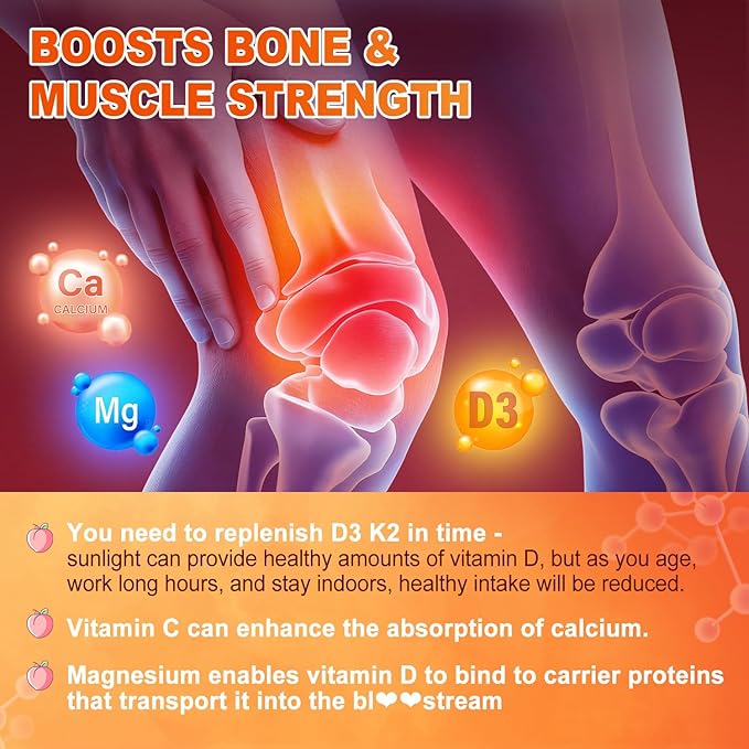 Vitamin D3 + K2 Gummies 2000 IU with Calcium + K2 (MK-7), Magnesium Citrate, Vitamin C, Zinc & Boron – Bone, Heart & Immune Support – Vegan, Non-GMO, Gelatin-Free, Sugar-Free Supplement, 60 Gummies
