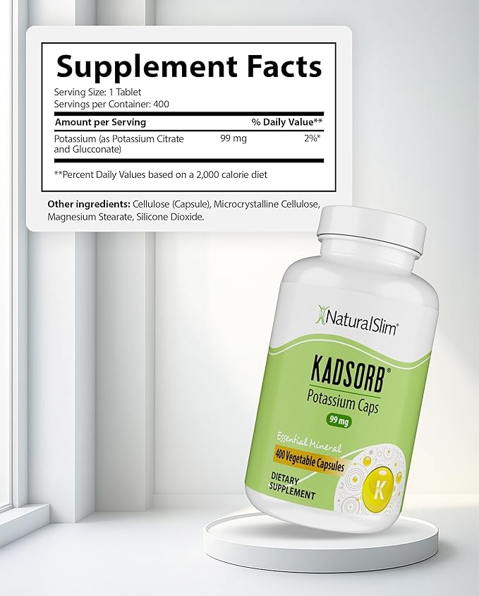 NaturalSlim Natural Potassium Citrate Gluconate 99 mg - Kadsorb Supports Electrolyte Balance & Normal pH - Absorbable Potassium Supplements with Essential Minerals - Non GMO 400 Capsules 1 Pack