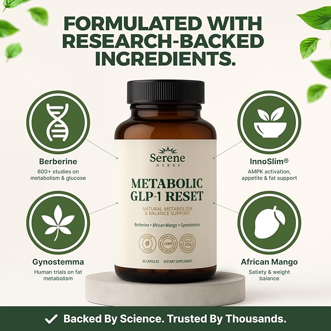 Serene Herbs GLP-1 Supplement for Women & Men - Metabolic Reset, Hunger Support with Berberine, InnoSlim, Actiponin - Natural GLP1 Booster to Support Appetite, Gut & Digestion - Vegan - 60 Capsules