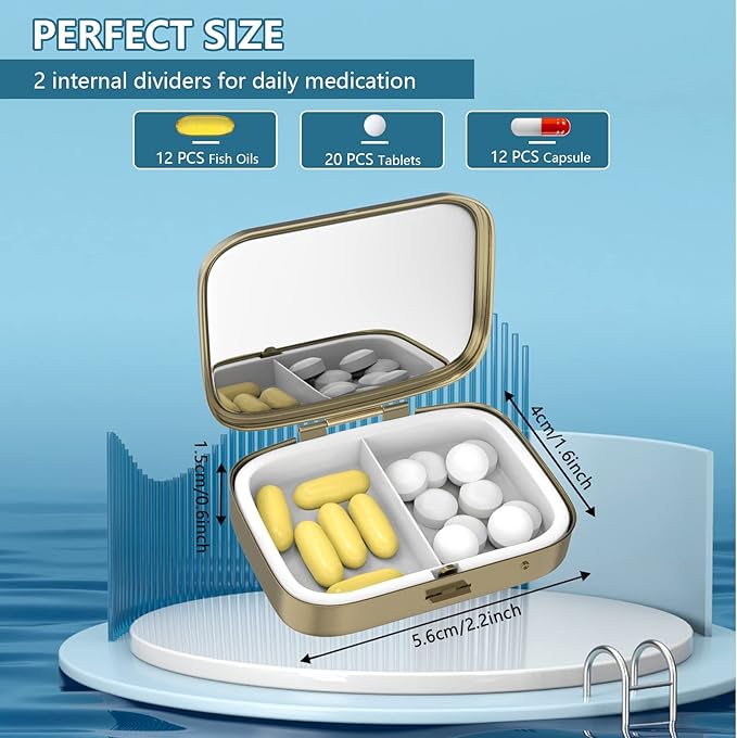Pill Case Pill Box with Mirror Retro 2 Compartment Small Pill Case for Purse or Pocket Bronze Rectangular Pill Box or Vitamins, Fish Oil, Supplements, Pill Containe Travel Gifts（Retro Rose Floral）
