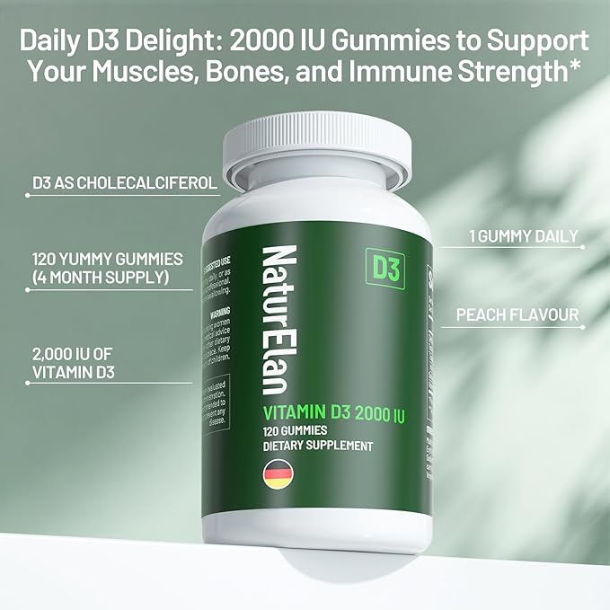 Vitamin D3 Gummies - 120 Gummies, 2000 IU Vitamin D3 per Gummy, Sugar Free, Boost Bones, Mood & Immune System Function, Third Party Tested, Yummy Peach Flavor, Vegan & Gluten Free, 120 Servings