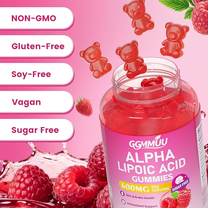 2 Pack Alpha Lipoic Acid Gummies 600mg, High Absorption Chewable ALA Supplement for Antioxidant Support, Raspberry Flavor, Vegan, Sugar Free, 120 Count