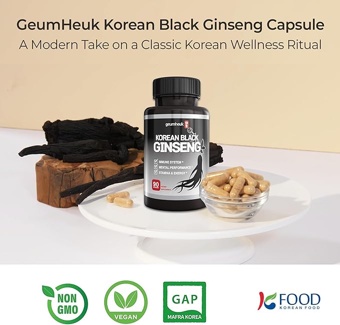 GeumHeuk Korean Black Ginseng Capsule 1000mg Supplement - Non GMO, High Ginsenosides, High Absorption Rate, Enhance Immunity, Metal Performance, Stamina & Energy, Men & Women - 90 Vegan Capsules