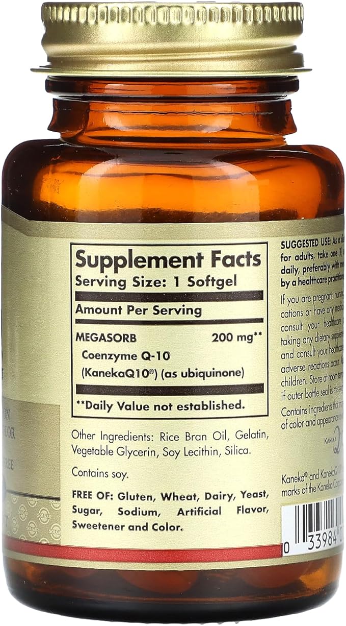 Solgar Megasorb CoQ-10 200 mg, 60 Softgels - Supports Heart & Brain Function - Coenzyme Q10 Supplement - Enhanced Absorption - Gluten Free, Dairy Free - 60 Servings