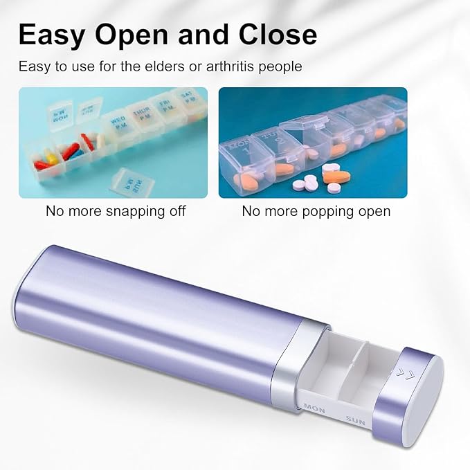 Betife Travel Pill Organizer Weekly 7 Day, Compact Daily Pill Box, Portable Medicine Case, Cute Pill Holder for Vitamins Supplements, Drawer-Shaped Pills Organizer (Purple)