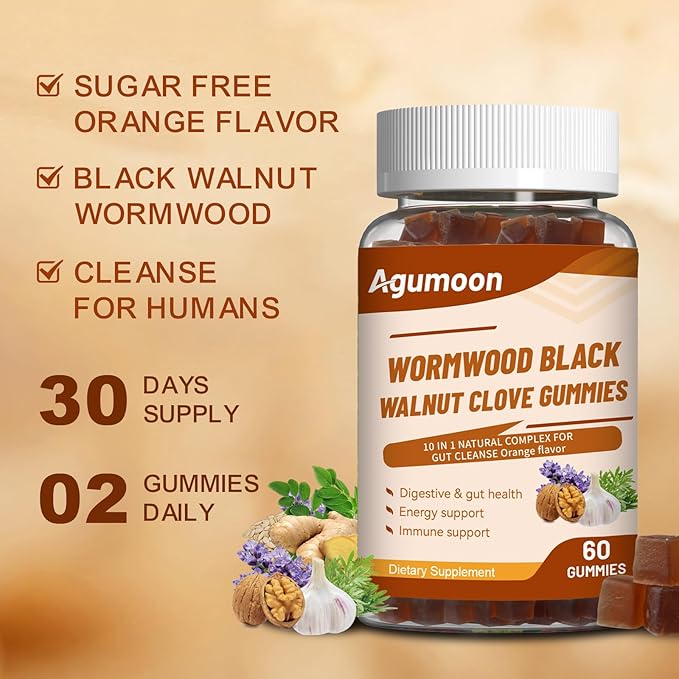 10-in-1 Wormwood Black Walnut Clove Gummies for Adults,Herbal Supplement for Gut Cleanse & Digestive Wellness with Garlic,Turmeric,Pumpkin Seed,Oregano,Moringa,120 Gummies