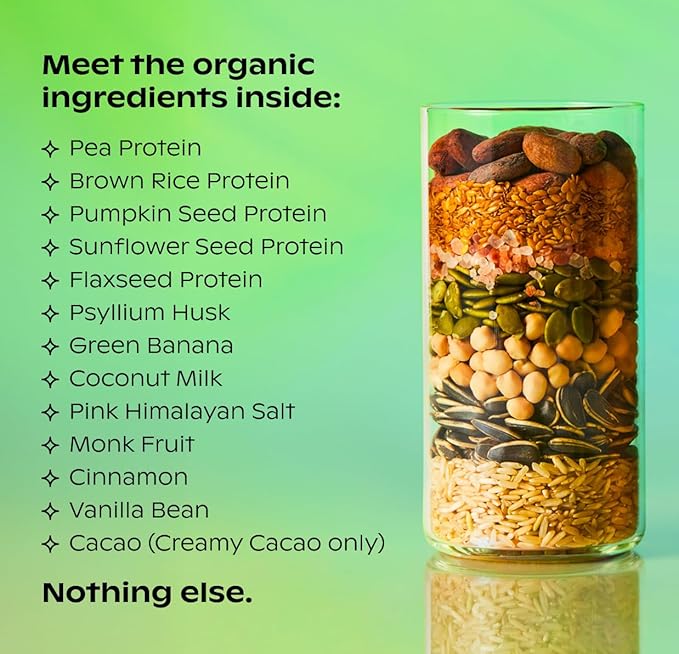 wholier Organic Plant Protein + Prebiotics. Clean Vegan Protein. 21g of Protein. 12 Real Plant Ingredients. Prebiotic Fiber. No Natural Flavors, Gums or Fillers. Vanilla Bean (1 lb. 3 oz.)