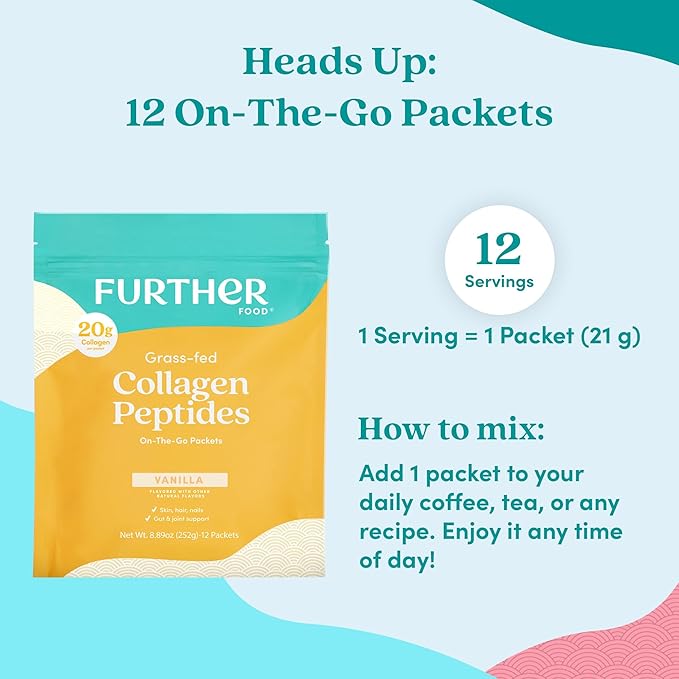 Further Food Vanilla Collagen Peptides Powder with Tremella Mushroom – 100% Grass-Fed, Hydrolyzed Type 1 & 3, 20g of Collagen per Serving, Supports Skin, Hair, Nails & Joints, Stick Packs, 8.89 Oz