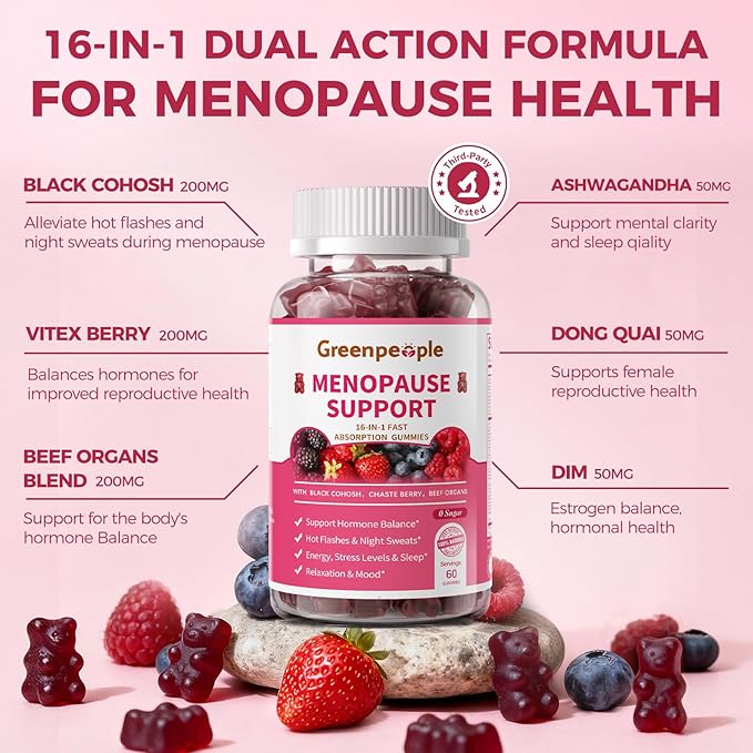 GREENPEOPLE Menopause Supplements for Women Gummies - 16-in-1 Dual Action Menopause Relief W/Black Cohosh, Vitex, Beef Organs for Hormone Balance, Hot Flashes, Night Sweats & Mood, Sugar-Free 60 CT