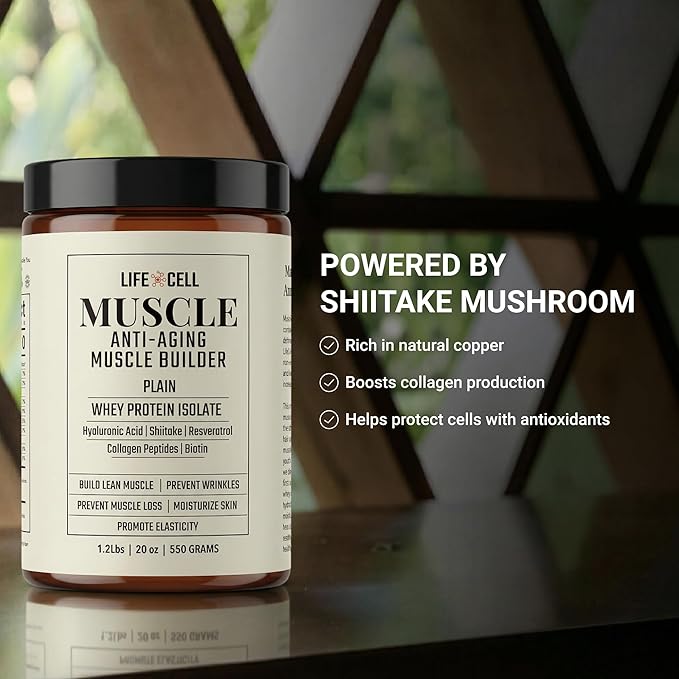 LifeCell Whey Protein – Anti-Aging Muscle Builder with Shiitake Mushroom, Collagen & Hyaluronic Acid – Plain, No Sugar Added, Soy-Free, Gluten-Free, 550g