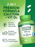 Nature's Truth Calcium Citrate with Vitamin D3 | 100 Caplets | Vegetarian, Non-GMO & Gluten Free Supplement
