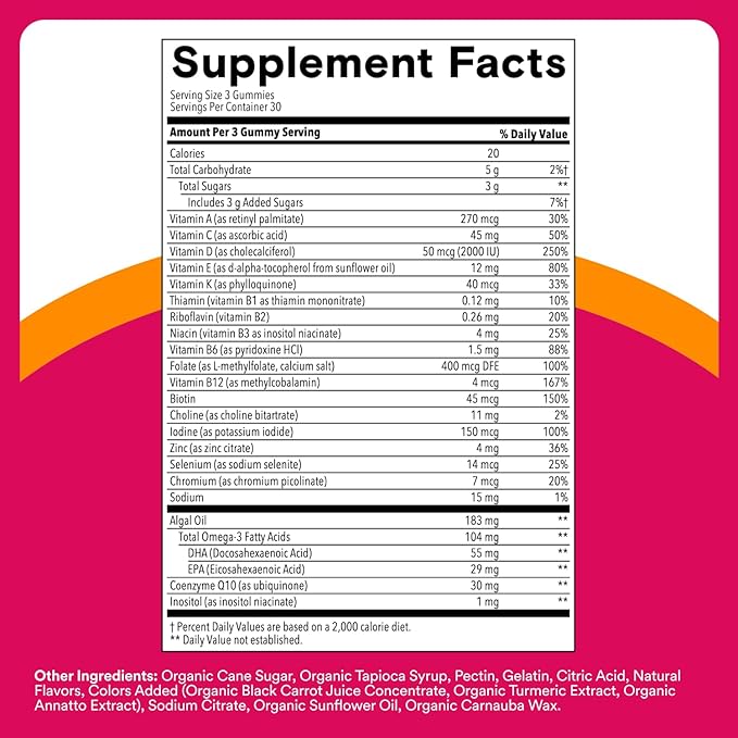 SmartyPants Women’s Multivitamin Gummies, Omega 3 DHA/EPA, Methylfolate, CoQ10, Vitamin D3, C, B12, B6, A, K, Zinc, Three Fruit Flavors, 90 Count (30 Day Supply)