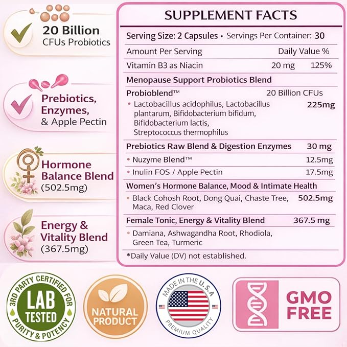 Lovely Menopause Supplement + Hormone Balance + Weight Management, Hot Flashes, Mood Swings, Vaginal Health & Dryness | Black Cohosh, Dong Quai, Ashwagandha + Probiotics, Woman Supplement, 60 ct