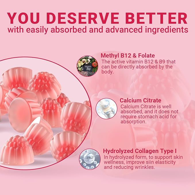 Sugar Free Methylated Multivitamin for Women Gummies, Biotin, Collagen, Calcium, Magnesium, Inositol, Folate, Iron, Vitamin A, C, D, E - Womens Vitamins for Energy, Immune, Bone, Skin, Hair