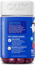 OLLY Kids Sleep Gummy,Occasional Sleep Support,0.5mg Melatonin,L Theanine,Chamomile,and Lemon Balm Extracts,Childrens Chewable Supplement,Raspberry Flavor -,90 Count (Pack of 2)