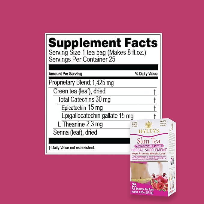 Hyleys Slim Tea Pomegranate Flavor - Weight Loss Herbal Supplement Cleanse and Detox - 25 Tea Bags (6 Pack)