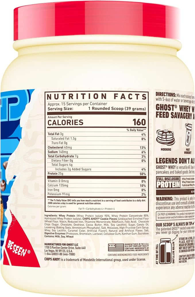 GHOST Whey Protein Powder, Chips Ahoy! - 1LB Tub, 25G of Protein - Flavored Isolate, Concentrate & Hydrolyzed Whey Protein Blend - Post Workout Shakes