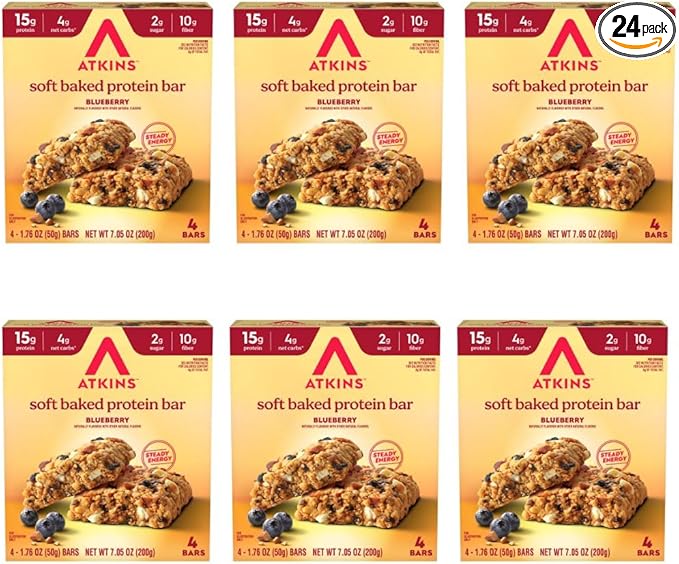 Atkins Soft Baked Protein Bars, Blueberry, 15g Protein, 4g Net Carbs, 2g Sugar, Excellent Source of Fiber, High in Protein, 6 Packs (4 Bars Each)