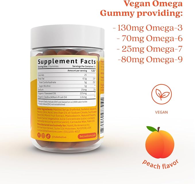 BeLive Organic Omega 3 Gummies - 120 Ct I Vegan Omegas 3 6 7 & 9 from Flaxseed Oil & Sea Buckthorn Fruit Oil, for Kids & Adults, Full Body, Brain & Eye Support, Sugar Free – Peach Flavor