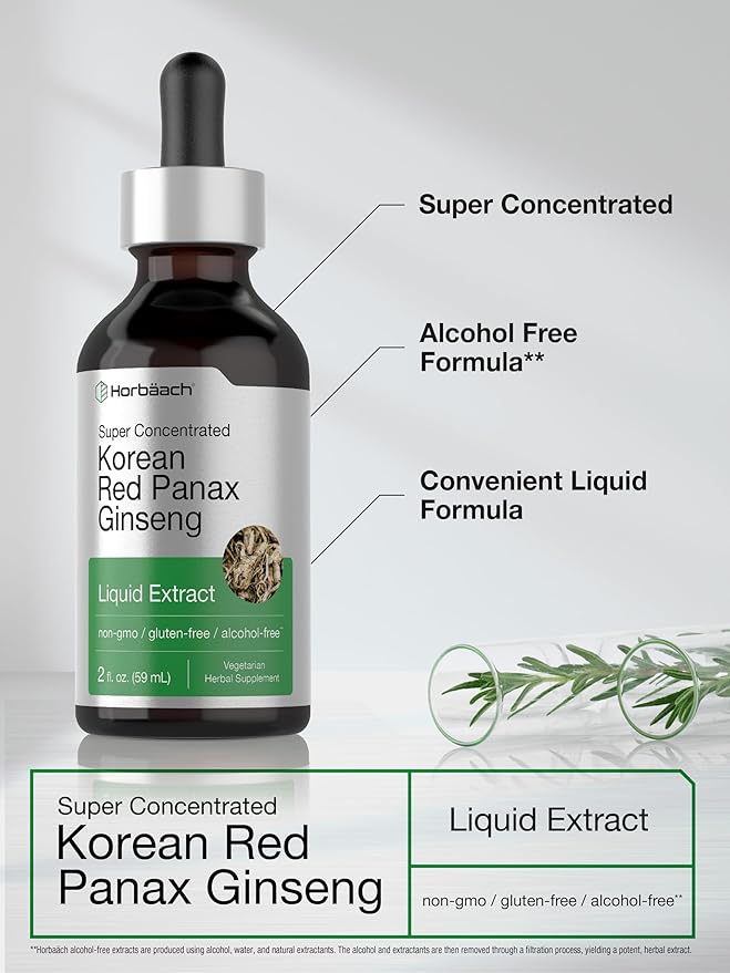 Horbäach Korean Red Ginseng | 2 fl oz Liquid Extract | Panax Ginseng | Vegetarian, Non-GMO, Gluten Free Supplement
