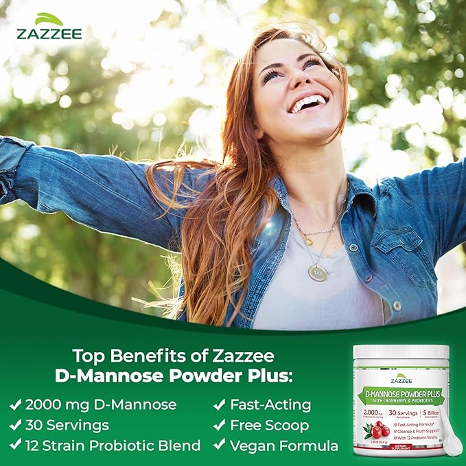 Zazzee D-Mannose Powder Plus, 2000 mg, 30 Servings, Plus 5 Billion CFU Probiotics and Pure Cranberry Juice Extract, Certified Kosher, Free Scoop, 2.98 oz, Urinary Tract Support, Non-GMO, All-Natural