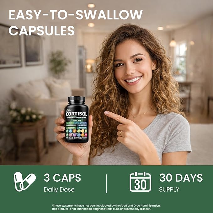 Cortisol Supplements for Women and Men, High Cortisol Reducer with Ashwagandha, Magnesium, Rhodiola, & L-Theanine-Supports Cortisol Calm, Sleep & Stress Relief–90 Capsules